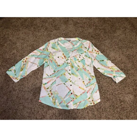 JM Collection 100% Linen Vneck Blouse Top Abstract Print Buttons Roll Tab Sz 10 - Picture 1 of 6